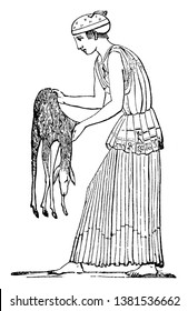 The picture shows the Priestess of Bacchus with the deer. Bacchus used to celebrate the festival called Bacchanalia and was one of the grand Roman festivals, vintage line drawing or engraving