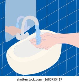 The picture shows the process of washing hands over the sink in the bathroom with a mirror.