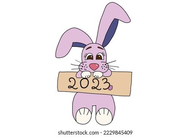 The picture shows a rabbit holding a sign that says 2023. It is intended for New Year's, Christmas holidays, cards, clothes printing, printing, and you can use it in various cases.