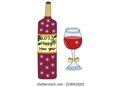 The picture shows red wine and a wine glass filled with wine, it is intended for New Year's, Christmas holidays, cards, printing and you can use it in different cases.