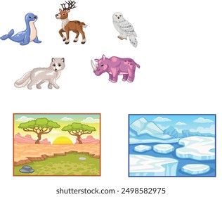 The picture shows six animals: a seal, a deer, an owl, an arctic fox, a rhinoceros, and a snowy owl. There are also two landscapes: a savanna and a frozen tundra.