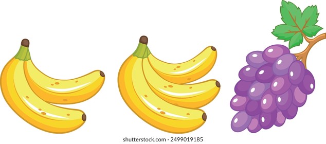 The picture shows two bunches of bananas and a bunch of grapes. The banana bunches have two and three bananas respectively. The grapes are purple and have green leaves attached to the bunch.