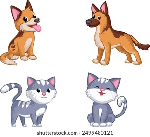 La imagen muestra dos perros de dibujos animados y dos gatos de dibujos animados. Los perros son marrones y marrones, mientras que los gatos son grises y blancos. Los perros están en diferentes posiciones, con uno sentado y el otro