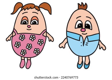 The picture shows two eggs girl and boy in clothes, it is intended for birthday, valentine, cards, clothes printing, etc.
