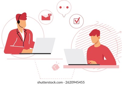 The picture shows two people using laptops and talking to each other online. One person seems to be helping the other. Vector Flat Illustration