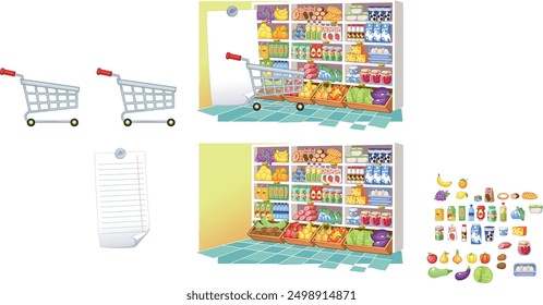 The picture shows two shopping carts, a shopping list and a grocery store scene. Inside the store, there are shelves filled with various food items. The shopping cart is depicted both empty outside an