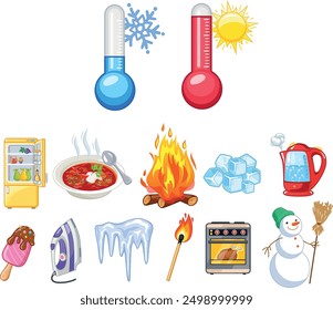 The picture shows two thermometers, one blue with a snowflake (for cold) and one red with a sun (for hot). Below are items associated with hot and cold: refrigerator, soup, fire, ice cubes, kettle