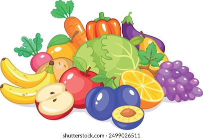 The picture shows a variety of fruits and vegetables. There are carrots, peppers, eggplant, bananas, apples, grapes, plums and an orange. Some are whole, others are cut in half to show the inside.