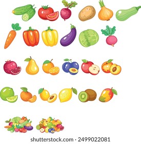 La imagen muestra varias frutas y verduras. Hay pepinos, tomates, remolachas, patatas, cebollas, zanahorias, pimientos, berenjenas, repollos, granadas, peras, naranjas, ciruelas, manzanas, melocotones, lima