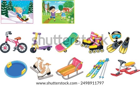 The picture shows various outdoor activities and sports equipment. In the top left, someone is sledding, in the top right two people are badminton. The rest of the images show equipment like a bicycle