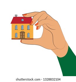 the picture shows a woman's hand. graceful ladies ' fingers hold the house. contrast of values. poster style. vector illustration. EPS 8.