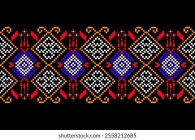 The picture shows a woven fabric pattern or embroidery that looks like a local pattern. It is brightly colored, using red, blue, white, and gold. The pattern is geometric, looks orderly, and delicate.