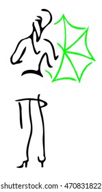 The picture shows a young girl. The Girl stands back to the viewer and opens an umbrella. She wears heels and a short dress.The silhouette is painted by black and green lines of variable thickness.