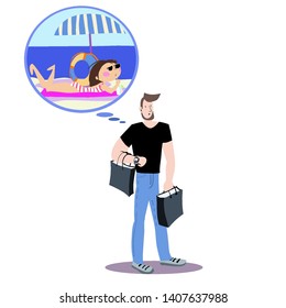 The picture shows a young handsome guy, just from the store, with shopping bags, in his head thoughts of relaxing on the beach with his girlfriend, a cartoon character, color illustration in vector