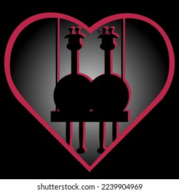 A picture with silhouettes of a girl and boy giraffe on a swing in the heart in cut out paper style. Valentines day card. Tender and creative valentine's day concept. 