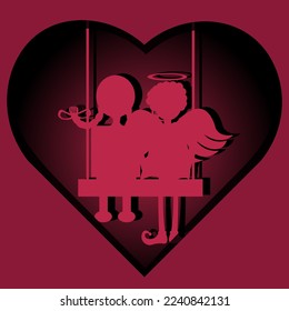A picture with silhouettes of a girl with pigtails and angel on a swing in the heart in cut out paper style. Valentines day card. Tender and creative valentine's day concept. 