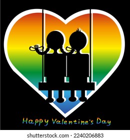 A picture with silhouettes of a girl with pigtails and a boy on a swing in the heart in cut out paper style. Valentines day card. Tender and creative valentine's day concept. 