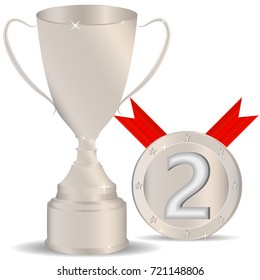 Picture of a silver cup and a red ribbon medal. Cup and medal for second place