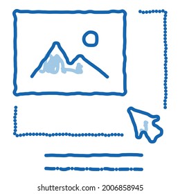el tamaño de imagen aumenta el vector de icono de esbozo. Signo de aumento del tamaño de imagen de la línea de doodle azul dibujada a mano. ilustración de símbolo aislado