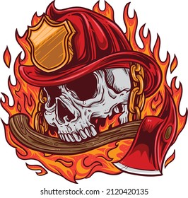 picture of a skull burning with fire biting an ax