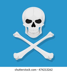 picture of a skull with crossed bones, jolly roger sign, flat style illustration