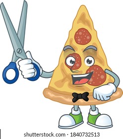 A picture of slice of pizza Barber cartoon character working with scissor. Vector illustration