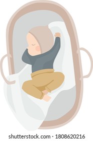 picture of a small child sleeping in a wicker basket in boho style stock isolated illustration on white background for printing on postcards,websites,shop advertisements,in cartoon style sleeping baby