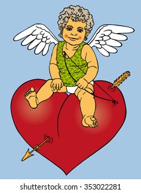 picture of a small Cupid sitting on red heart. 
color illustration