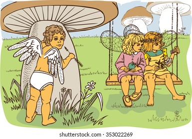 picture of a small Cupid who oversees two girls fairies. color illustration svg