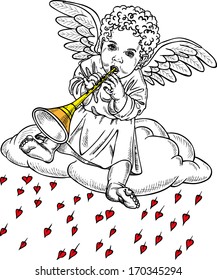 picture of a small Cupid who plays the flute. Drawing on paper.