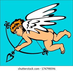 Picture of a small Dalmatian Cupid who shoots a bow on a blue background.