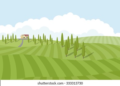 picture of a small farm-stead and trees and fields around, flat style illustration