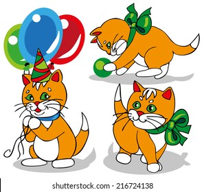 picture of a small ginger kitten with green bow and balloons