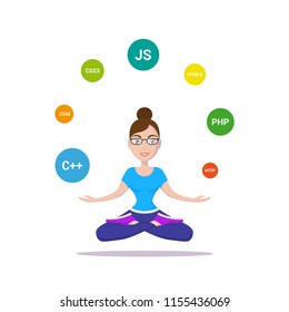 Picture of a smart programmer girl, with programming languages and technologies, cartoon character illustration 