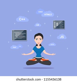 Picture of a smart programmer girl, with programming languages and technologies, cartoon character illustration 