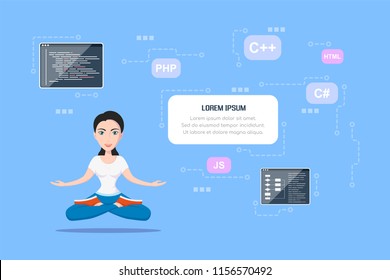 Picture of a smart programmer girl, with programming languages and technologies, cartoon character illustration 