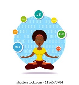 Picture of a smart programmer girl, with programming languages and technologies, cartoon character illustration 