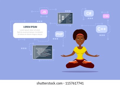 Picture of a smart programmer girl, with programming languages and technologies, cartoon character illustration 