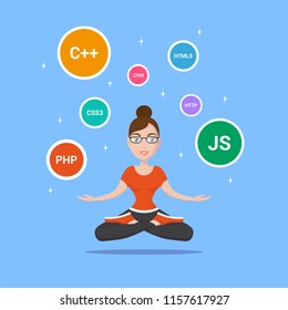 Picture of a smart programmer girl, with programming languages and technologies, cartoon character illustration 