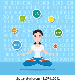 Picture of a smart programmer girl, with programming languages and technologies, cartoon character illustration 