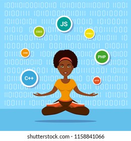 Picture of a smart programmer girl, with programming languages and technologies, cartoon character illustration 