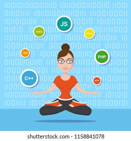 Picture of a smart programmer girl, with programming languages and technologies, cartoon character illustration 