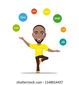 picture of a smart programmer man, joggling with programming languages and technologies, flat style banner design, coding, programming, application development concept