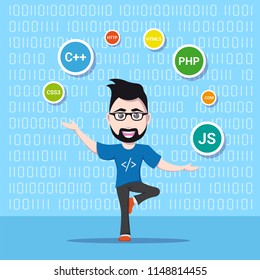 picture of a smart programmer man, joggling with programming languages and technologies, flat style banner design, coding, programming, application development concept