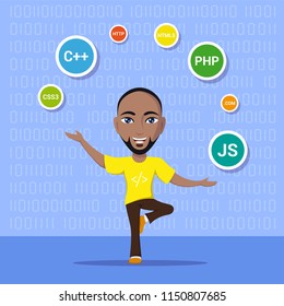 picture of a smart programmer man, joggling with programming languages and technologies, flat style banner design, coding, programming, application development concept