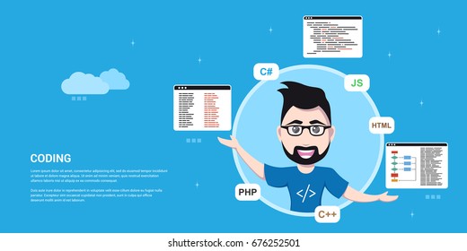 picture of a smart programmer man, joggling with programming languages and technologies, flat style banner design, coding, programming, application development concept