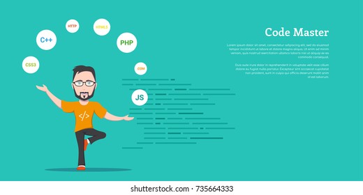 picture of a smart programmer man, joggling with programming languages and technologies, flat style banner design, coding, programming, application development concept