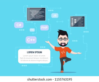 picture of a smart programmer man, with programming languages and technologies signs around, flat style banner design, coding, programming, application development concept