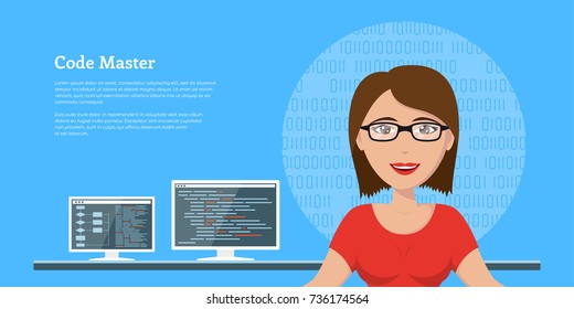 picture of a smart programmer woman, with computer monitors on background, flat style banner design, coding, programming, application development concept