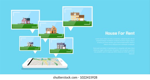 Picture of a smartphone with house icons, house for rent, house selection concept, flat style illustration